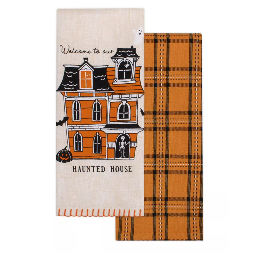 2pk Halloween Haunted House Printed and Plaid Dish Kitchen Towel - Bullseye